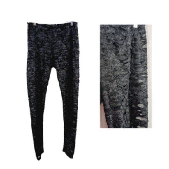 BCBGMaxAzria Pants - BCBG Maxazria, NWT Black Gunmetal Sheer Shiny Leggings W 3D Cutout Overlay, Goth
